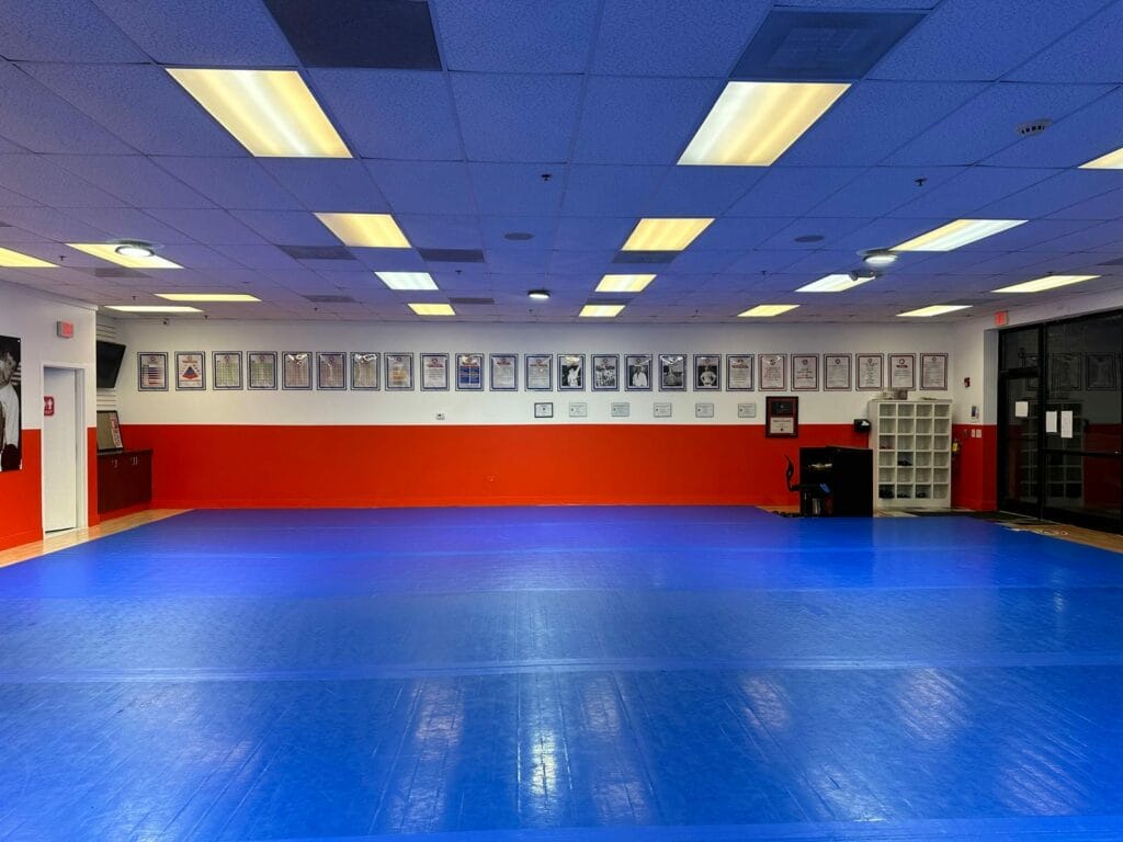 A spacious martial arts studio with a blue mat floor, red and white walls adorned with framed certificates, and ceiling lights. A desk and equipment are visible in the corner.